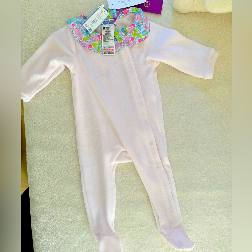 Brand new with tag baby girl Jacadi pajama. Size 6 months. Pink color, velvet.